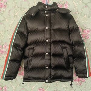 Gucci Black Puffer Coat with Red and Green Stripes
